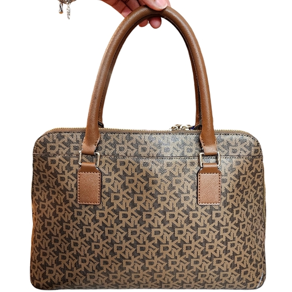 ☆DKNY Brown Monogram Signature Logo Gold Studded Satchel Tote Handbag☆ - Picture 2 of 4